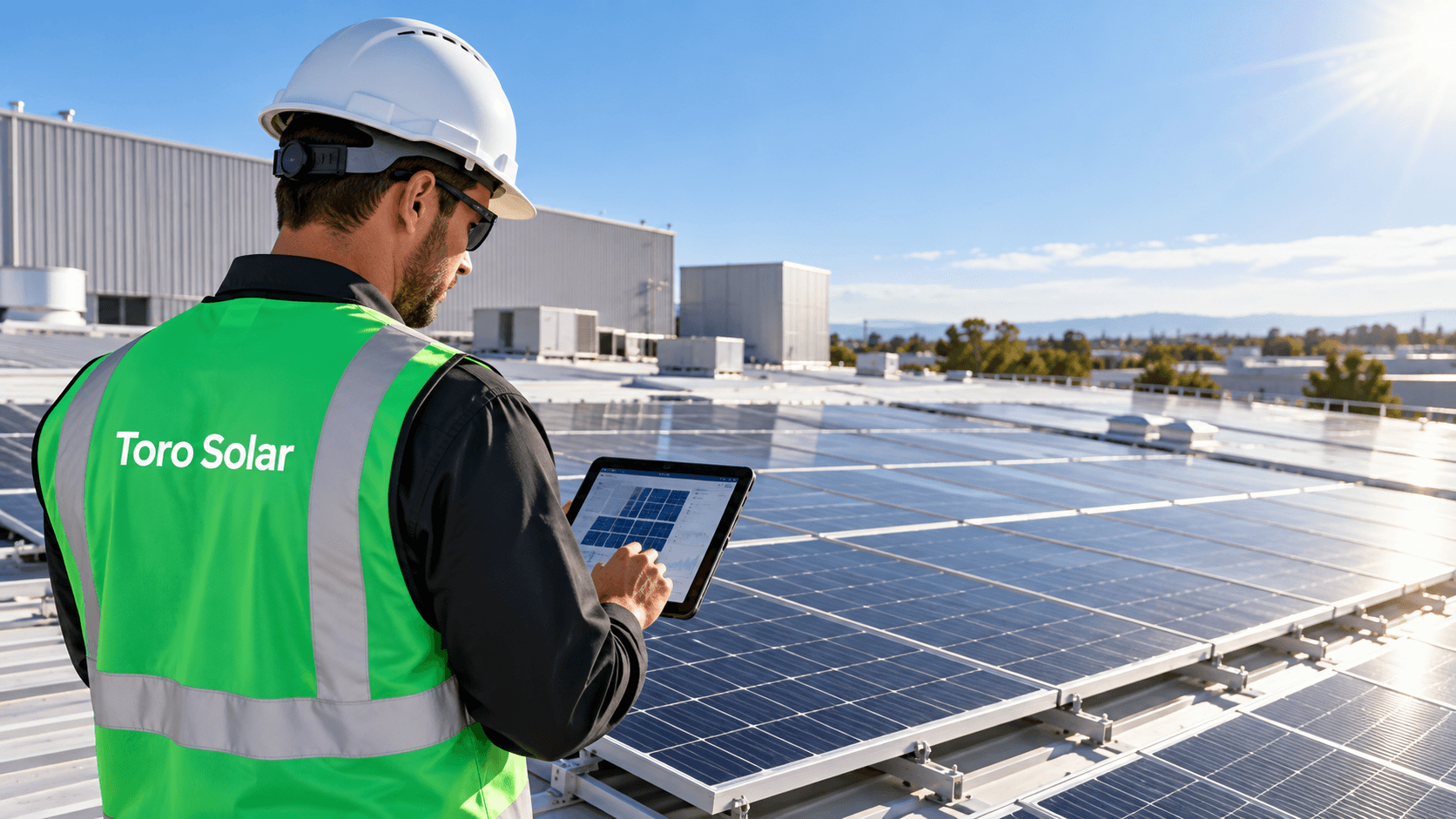 A Toro Solar installer on a commercial rooftop reviewing a design on a tablet