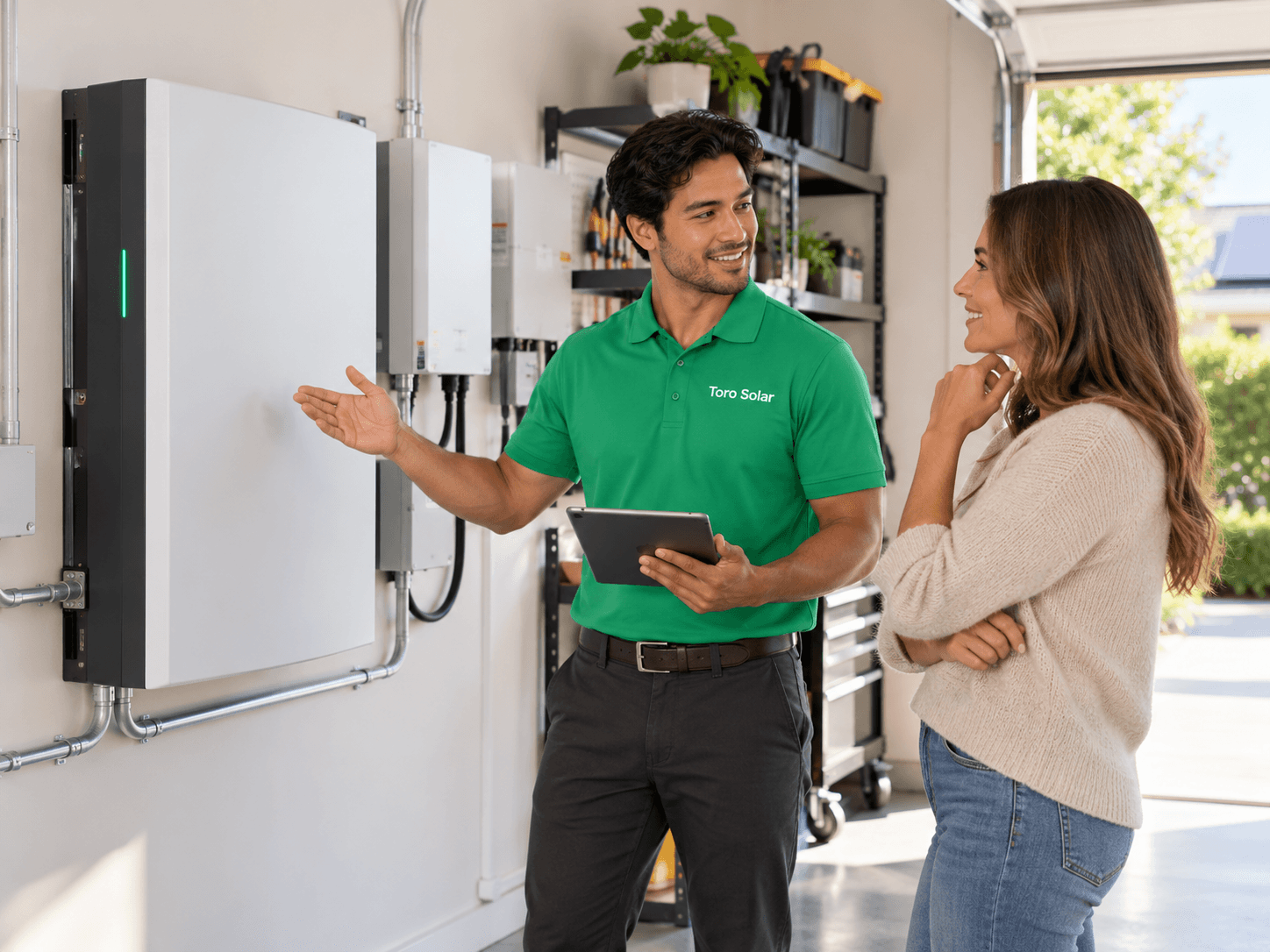 A Toro Solar installer showing a homeowner their new battery in the garage