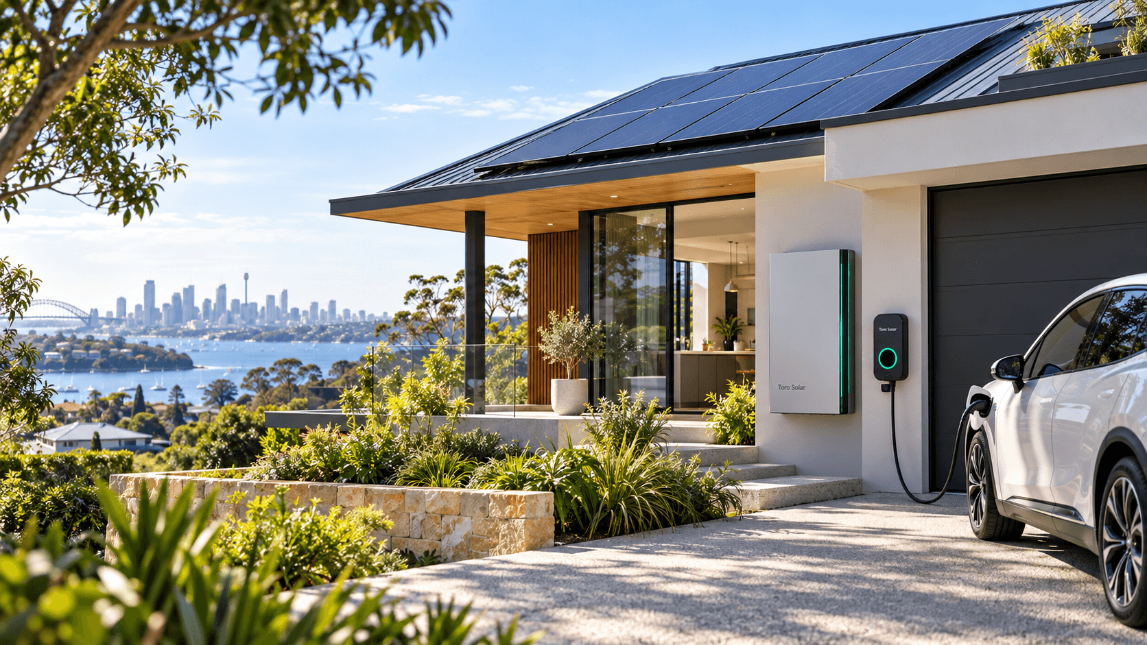 A home with solar panels, a battery and an EV charger, Sydney Harbour in the background